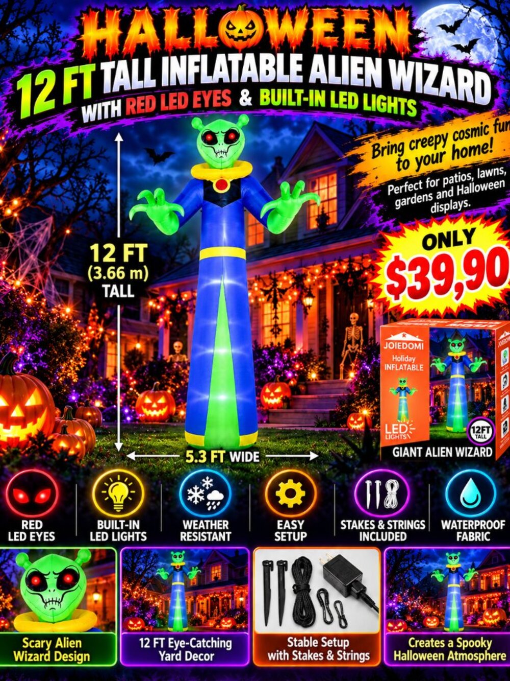 Joiedomi 12ft Tall Inflatable Halloween Alien